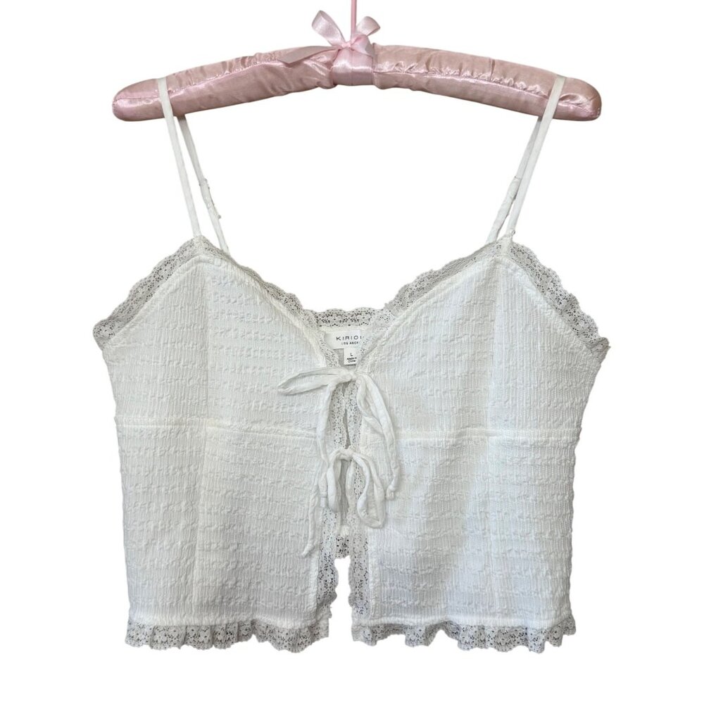 Kirious Los Angeles White Lace Trim Tie Front Boho Coquette Top Grunge Fairycore - Picture 1 of 12